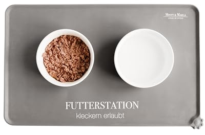 Minty&Marla® | Napfunterlage für Katzen | Katzenmatte für Wasser- & Futternapf | Silikonmatte als rutschfeste Unterlage für Katzennapf | Futtermatte Katze | Futterunterlage für Katzen | Eckig | Grau