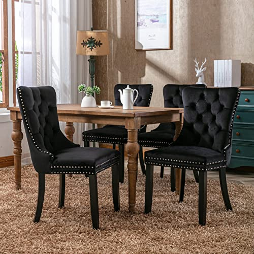 HomeTouch Luxury Velvet Dining Chairs Set of 4 Upholstered Knocker Back Kitchen Chairs with Oak Wood Legs for Dining Room Bedroom Home Office, Hand Made (4, Black)