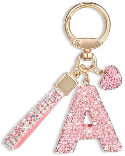 MWOOT Pink Car Keychains Gift for Women Girls Initial Letter Keychain Cute Bling Keychains keyrings Bling Letter Pendant for Purse Backpack Handbag Charms,Letter A