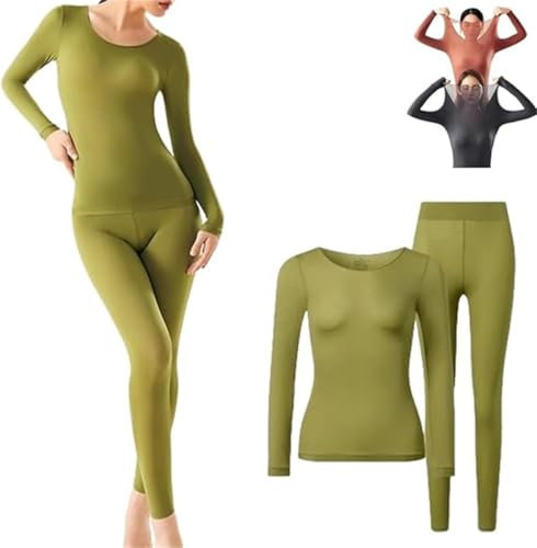 Women's Ultra Thin Seamless Thermal Underwear,Soft Elastic Slim Fit Top,Ultra-Thin Seamless Thermal Underwear,Winter Soft Elastic Thermal Underwear Set,Ultra-Thin, High Elasticity (Green, L)