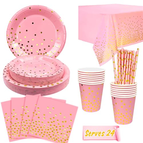 Rosa och guld festtillbehör, 193 st rosa och rosa festservis set-rosa guld festtallrikar koppar servetter bordsdukar och bestick etc festtillbehör för födelsedag bröllop