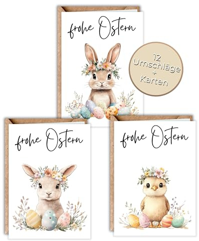 HIDEBLOOM Set di biglietti di Pasqua con coniglietto pasquale con busta, 12 pezzi, DIN A6 (10,5 cm x 14,8 cm), set di biglietti di Pasqua con buste, uova di Pasqua, coniglietto di Pasqua, pulcini
