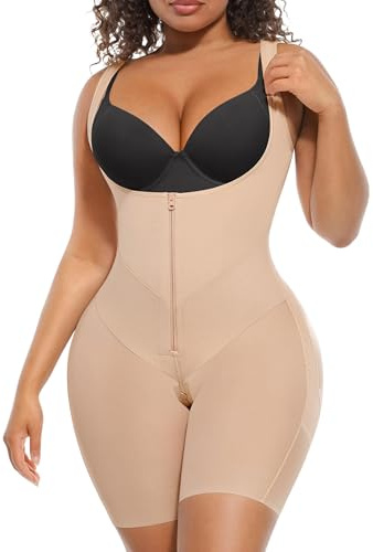 FeelinGirl Tummy Control Shapewear Faja Colombianas Zipper Crotch Body Shaper Plus Size Postpartum Fajas with Butt Lift Beige X-Large
