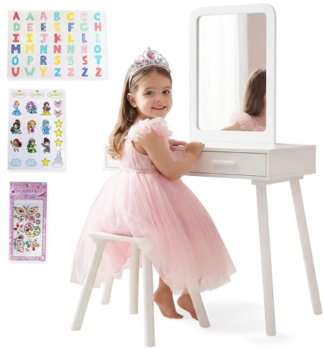 Kinderplay Tavolo da trucco per bambini dai 3 anni con specchio e sgabello – Toeletta in legno per bambine, con cassetti e adesivi, regalo per la cameretta