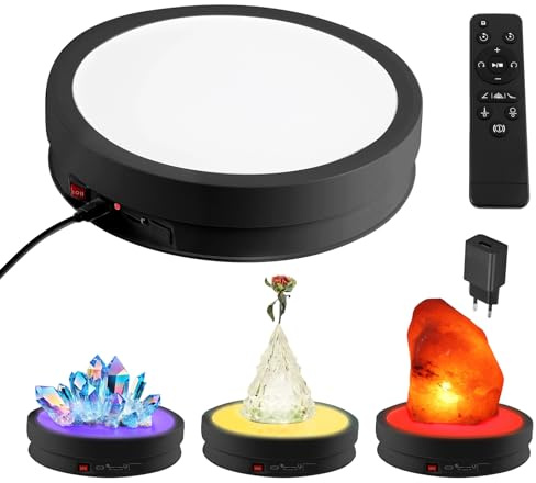 Piatto girevole elettrico a 360 gradi per fotografia, piatto girevole elettrico con telecomando e luce LED a 6 colori, carico 20 kg, supporto girevole per display in vetro cristallo sferico (nero)