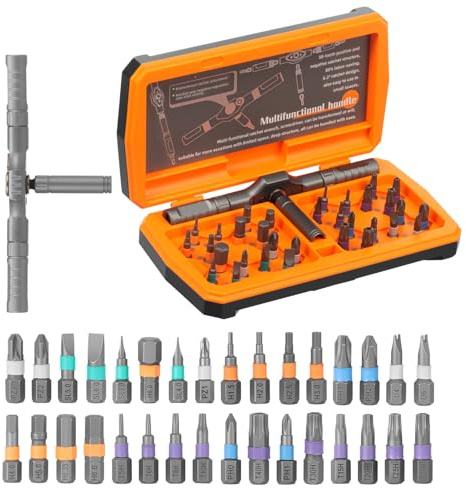 Set di cacciaviti a cricchetto 34 in 1, punte in acciaio S2 CrMo, cacciavite a cricchetto di precisione a 58 denti con impugnatura a T, magnetico, compatto, ideale per elettronica, computer, occhiali