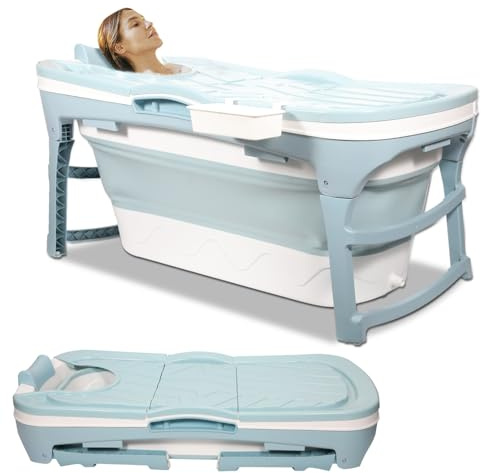 Vkechh Bañera plegable para adultos, plegable, 118 × 60 × 50 cm, portátil y ahorra espacio, con cubierta y manguera de drenaje, para baño, ducha y exterior, azul