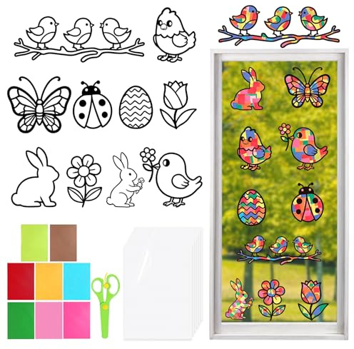 26 imágenes para ventanas para manualidades, primavera y niños, juego de manualidades para primavera, juego de manualidades con conejos de Pascua, pollitos, mariposas, flores y huevos, coloridos