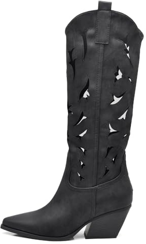 IF Stivali Alti Texani Donna Western in Pelle Sintetica Vegana, Design Traforato, Tacco Medio e Punta Affusolata G710 nero 38
