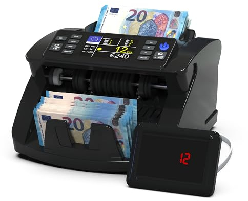 Detectalia V10 Macchina Conta Banconote con Rilevamento UV/MG/IR/MT/DD, Schermo TFT 3,5” + Display Esterno, Valore Totale, Lotto e Somma, 1000/Minuto, per EUR-GBP-CHF-USD-SEK-DKK-PLN-TRY-AED-SAR