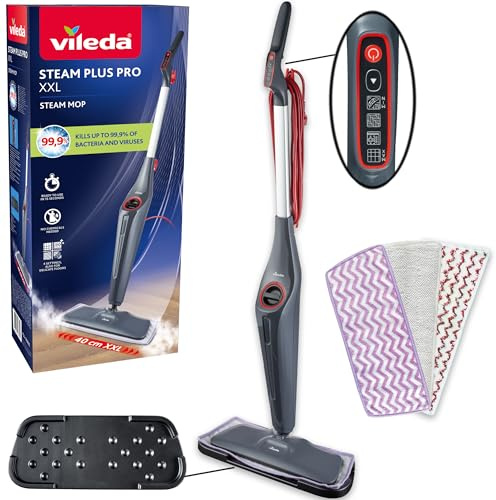 Vileda Steam Plus Pro XXL scopa a vapore, rimuove fino al 99% di batteri e virus, ideale per pavimenti delicati, con 4 impostazioni di vapore, include vassoio di stoccaggio