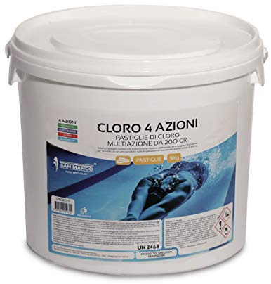 San Marco pastiglie multifunzione per piscina, trattamento 4 in 1: clorante, antialghe, stabilizzante del Ph e Flocculante per Acqua di Piscine disponibile in diversi formati da 1,5,10,25 kg (5 kg)