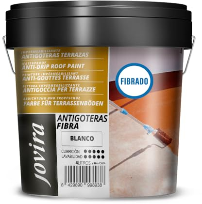 JOVIRA PINTURAS Pintura Impermeabilizante Antigoteras fibrado. Revestimiento Elástico, para Terrazas, Paredes, Medianeras y Tejados. (4 Litros, Blanco) A-45