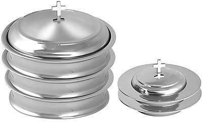 Communion Ware - 3 bandejas para servir vino sagrado con tapa y 2 platos apilables para pan con tapa, acero inoxidable (espejo/plata)