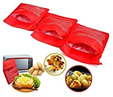 FOUTP 3 PCS Pomme de Terre Poche à Micro-Ondes Pomme de Terre Express Pouch Lavable Réutilisable Potato Bag Pomme de Terre Sac Express Pommes de Terre Parfaites Seulement en 4 Minutes (Rouge)