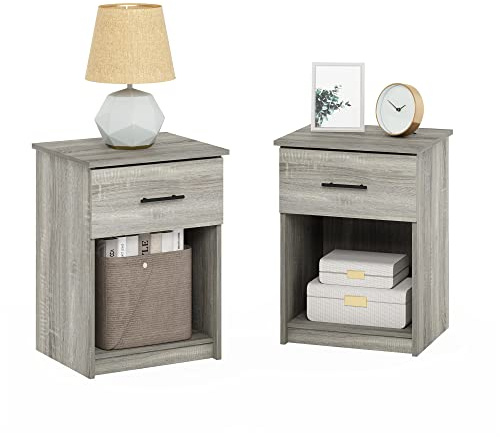 Furinno Tidur Comodino con Maniglia con Un Cassetto, Legno ingegnerizzato, Rovere Francese Grigio, Set di 2