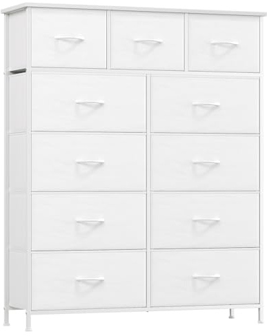 Somdot Comoda Dormitorio, Cajonera con Cajones de Tela, Armario para Salón, Estudio y Habitación Infantil, Gavetero, 30 Profundidad x 100 Ancho x 121 Alto (11 Cajones), Blanca