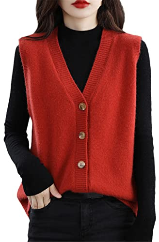 Women's Wool V-Neck Button Sleeveless Cardigan Knit Vest Vermilion