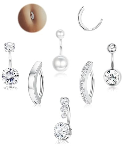 FioroYal 6Pezzi Piercing Ombelico - 14G Acciaio Chirurgico, Argento Oro Anallergico con CZ Perla Clicker Barbell Anello Set