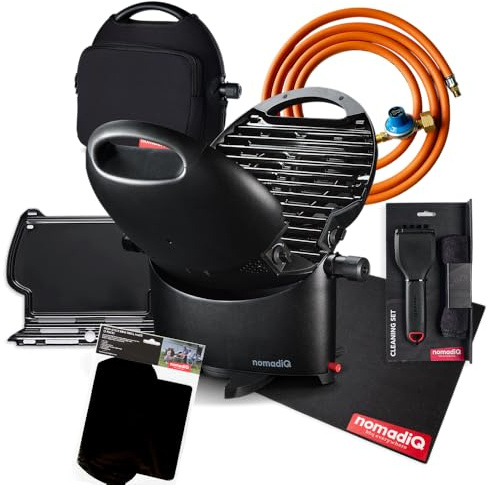 nomadiQ Holiday matlagning paket | bärbar gas BBQ grill | liten, mini, lätt bordsgrill | perfekt för camping, matlagning utomhus, husbil, båtar, resor