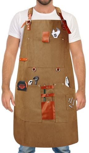 HISUEKIG Arbeitsschürze Holzbearbeitung, wasserdichte Werkzeugschürzeaus gewachster Leinwand mit 8 Taschen, magnetischer Tasche, justierbare Kreuzträger, für Friseur Schreiner