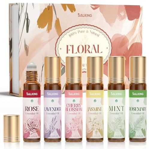 SALKING Applicare Gli Oli Essenziali per Diffusori 6x10ml, Set di Olio Essenziale Fiore Roll On per Aromaterapia e Massaggi - Rosa, Lavanda, Fiori di Ciliegio, Gelsomino, Menta, Rosmarino