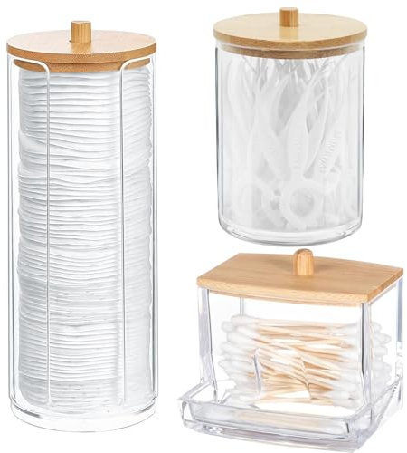 YTUGIL 3er Set Wattepadspender, Wattestäbchen-Box – Praktische Aufbewahrungslösungen für Wattepads und Wattestäbchen im Bad. Mit Bamboo-Deckel, platzsparend und staubgeschützt