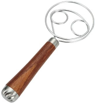 Danish Dough Whisk, Double Eyes Stainless Steel Bread Dough Whisk, Hand Bread Dough Mixer with Wooden Handle for Pastry, Baking Cake, Sourdough, Dessert, Pizza