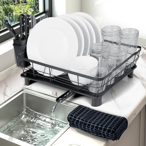 VINATO Scolapiatti da Appoggio Nero per Lavello – 43x33x15cm Griglia Scolapiatti con Bandeja Estraibile, Organizer Cucina 360° Scarico Regolabile, Acciaio Carbonio & Plastica Antigoccia