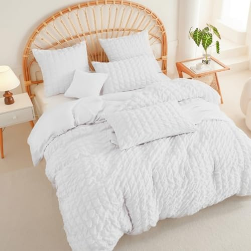 Michorinee Seersucker Housse de Couette 220x240 Blanche Motif à Carreaux Parure de Lit 2 Personnes Microfibre Couleur Unie Voile Adulte Linge de lit avec Fermeture Éclair et 2 Taie d'oreiller 65x65 cm
