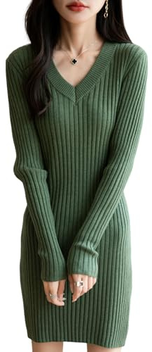 Ciovkis Abito maglione da donna in lana merino misto 2025 autunno inverno scollo a V vestibilità stretta manica lunga RIPP abito a maglia, M