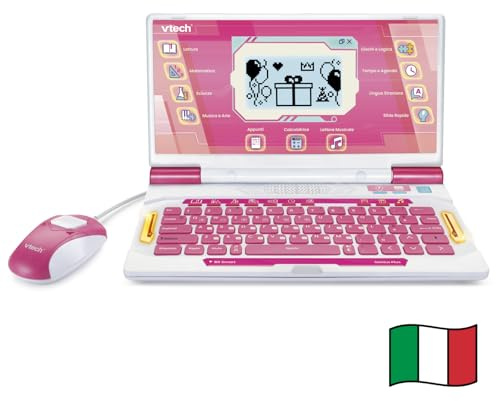 VTech bit Smart Genius Plus Rose, Computadora Interactiva Niño, Computadora con Ratón, 164 Actividades, Computadora Educativa Bilingüe Italiano e Inglés, Teclado QWERTY, Baterías Incluidas, 6-11