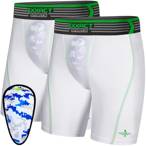 Exxact Sports Youth Compression Shorts with Soft Athletic Cup for Baseball Football Hockey, Boys Cup Underwear with Cup - (Pack of 2, YS, White)