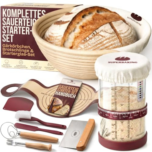 Superbaking Sourdough Starter Kit: 9 Banneton Basket, Silicone Sling & Jar