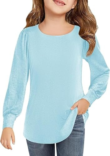 Haloumoning Camiseta de manga larga para niña, cuello redondo, manga abultada, camiseta para niños, monocolor, linda, para ocio, moda básica, 5-14 años, azul, 5-6 años