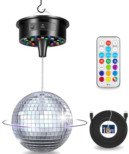 Disco Ball with Motor and 6 Inch Mirror Ball, Rotating 0/3/6/9/12/15 RPM Variable Speed,12 Lighting Colors and 4 Light Modes, 16 FT USB Power Cable and Remote Control, for Party Wedding Christmas