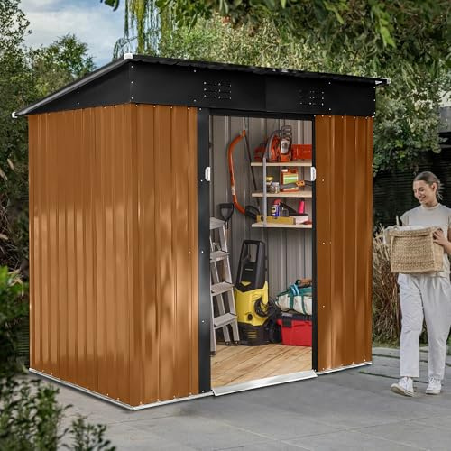 Zynfylus 6x4 FT Outdoor Metal Storage Shed, Coffee Garden Shed with Lockable Door & Sloping Roof, All-Weather Tool Shed for Backyard, Patio, and Lawn