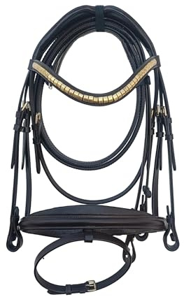 Leather Anatomical Padded Cob Bridle with Brass Studded Browband and Matching Reins Brown Color (Cob)