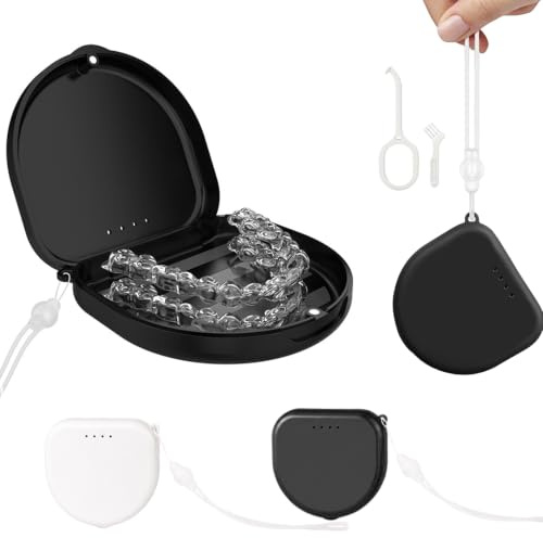 Lot de 2 boîtes classiques pour appareils orthodontiques, étui pour aligneurs dentaires, pour ranger les appareils ou aligneurs, avec outils de retrait, brosse et dragonne en silicone (blanc/noir)