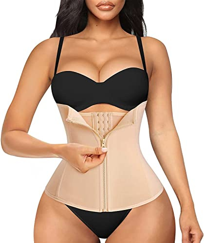 Chumian 3 Clip&Zip 6 Steel Boned Waist Trainer Corset Sport Workout Body Shaper Tummy Control (S, Beige)