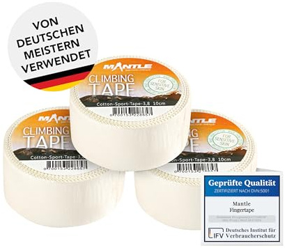 Mantle Lot de 3 rouleaux de ruban adhésif pour les doigts Blanc 3,8 cm x 10 m Pour escalade, boulder, arts martiaux, volley-ball, handball, basketball, musculation, sport