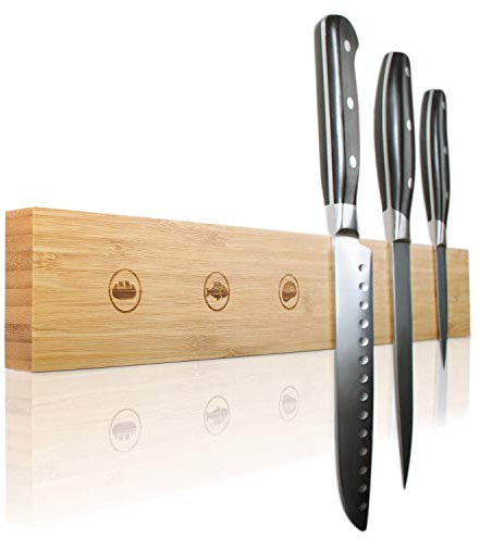 Amazy Porte-couteaux magnétique avec marquage pour chaque couteau – Rail à couteaux aimanté en bambou massif pour économiser de la place en cuisine
