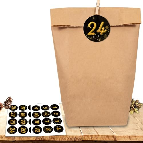 HAUSPROFI Calendario de Adviento para rellenar, 24 bolsas grandes de papel kraft para manualidades con pegatinas de números extrafuertes, juego de calendario de Navidad