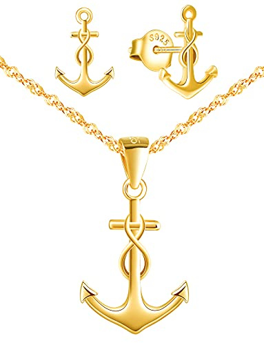 IONLY dam flickor halsband armband och örhängen, 925 silversmyckesset, ankare halsband armband örhängen, hänge armband örhängen med ankare och oändlighetssymbol, guld, Silver