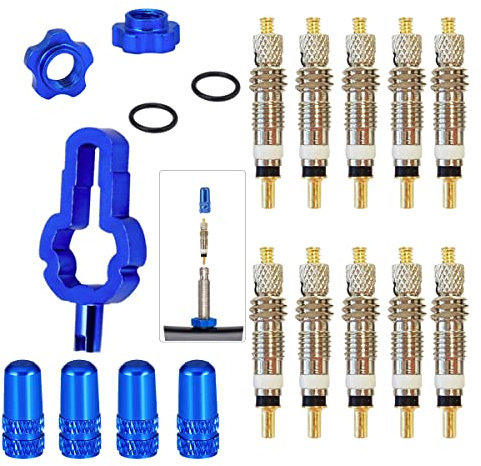 CYCEARTH 10 Stück Presta/Schrader Ventil Kerne, 4 Stück Legierung Ventil Kappen, 4 IN 1 Remover-Tool,Rim Umwandlung Mutter Für Tubeless Straße MTB Bike (Presta Valve Core)