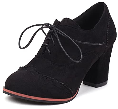 Lizoleor Richelieu Femme Talon Carré Haut Lacets Oxford De Bureau Rétro Décontractée Classique Noir Taille 38 EU/39