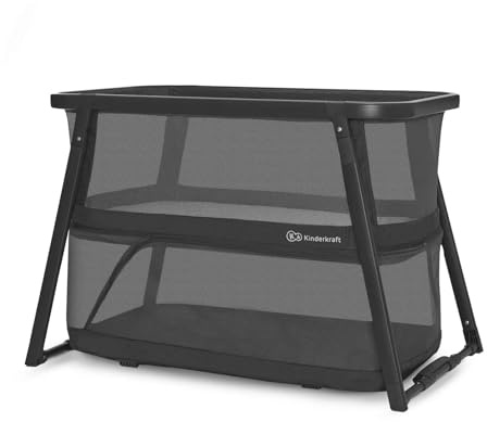 Kinderkraft SOFI PLUS, 4-in-1 travel cot, bedside crib, cradle and playpen, from birth to 3 years, 2 mattress heights, mesh sides, 8.2 kg, mattress cotton cover, 2 sheets, travel bag, Grey