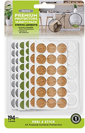 Slipstick Premium Adhesive Protector Pads Variety Pack (194 Piece) Cabinet Door Drawer Bumpers and Small Universal Surface Protector Pads, Clear Rubber, Foam, Cork, and Green Felt Protectors