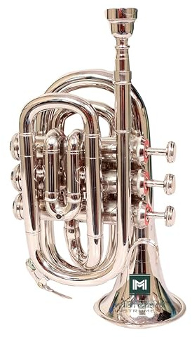 Indian Musical Instrument Pocket Trumpet, BB Pitch, Premium Quality Including Mouthpiece and Carry Case. (BRASS) (SILVER)