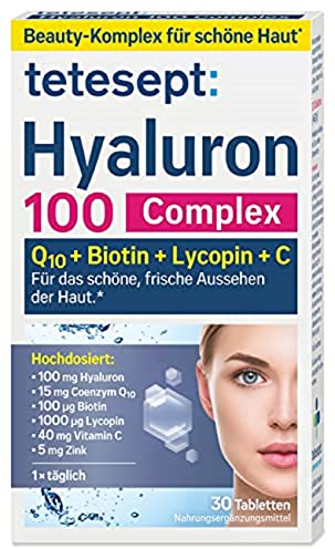 tetesept Hyaluron 100 Complex – 1 x 30 Tabletten – Nahrungsergänzungsmittel mit Q10 + Biotin + Lycopin + Vitamin C - für das schöne, frische Aussehen der Haut*